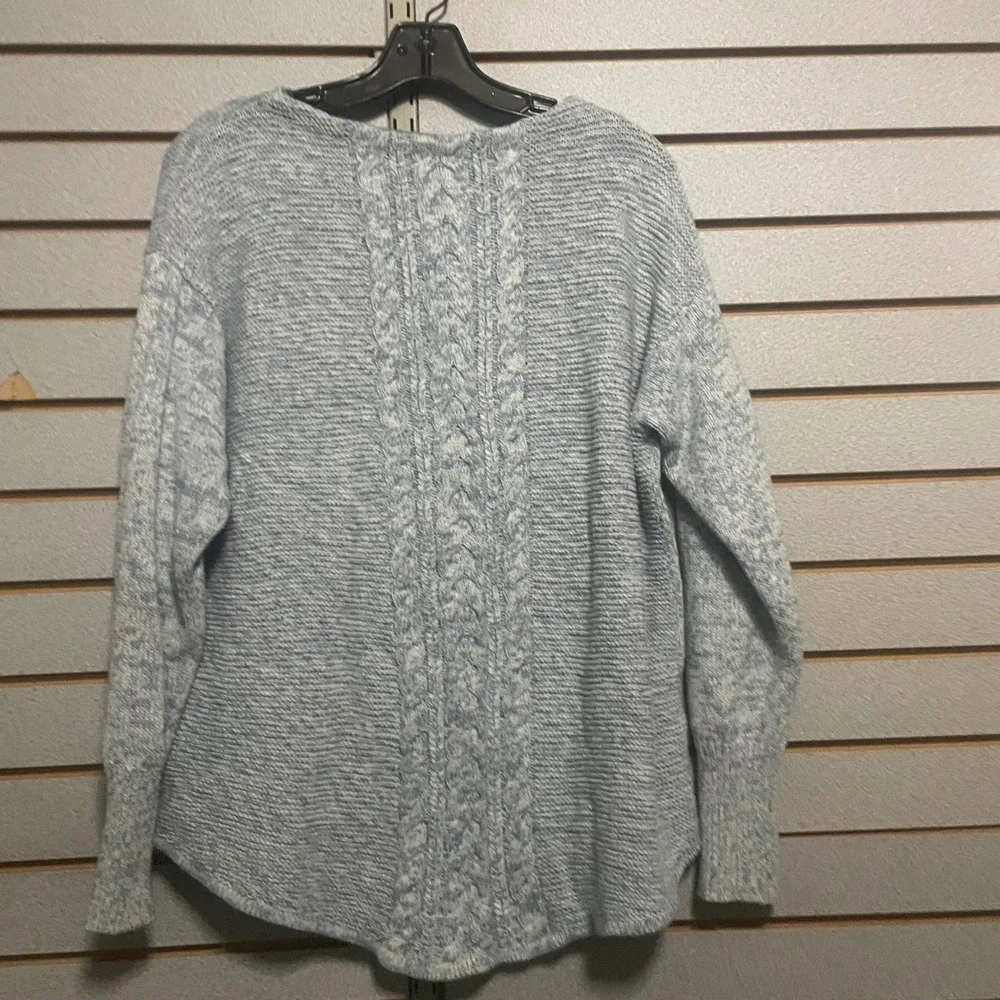 Chaps Womens Blue White Marled Cable Knit Back Crew Neck Sweater‎ Large L